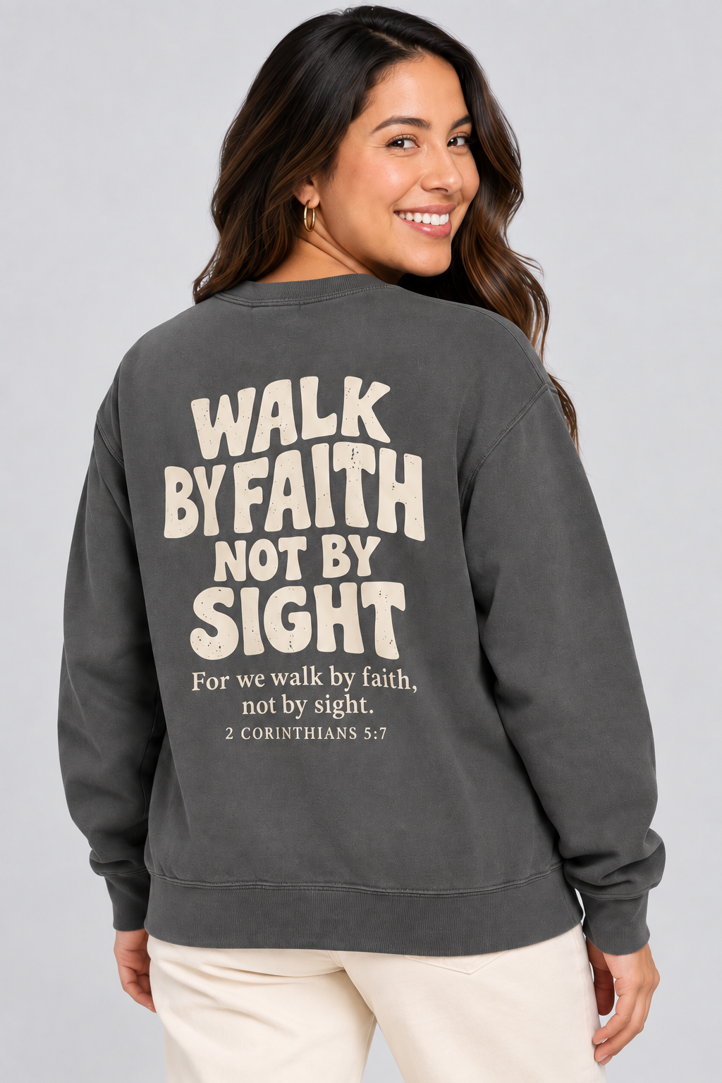 Walk by Faith Sweatshirt in Pepper — back print detail.