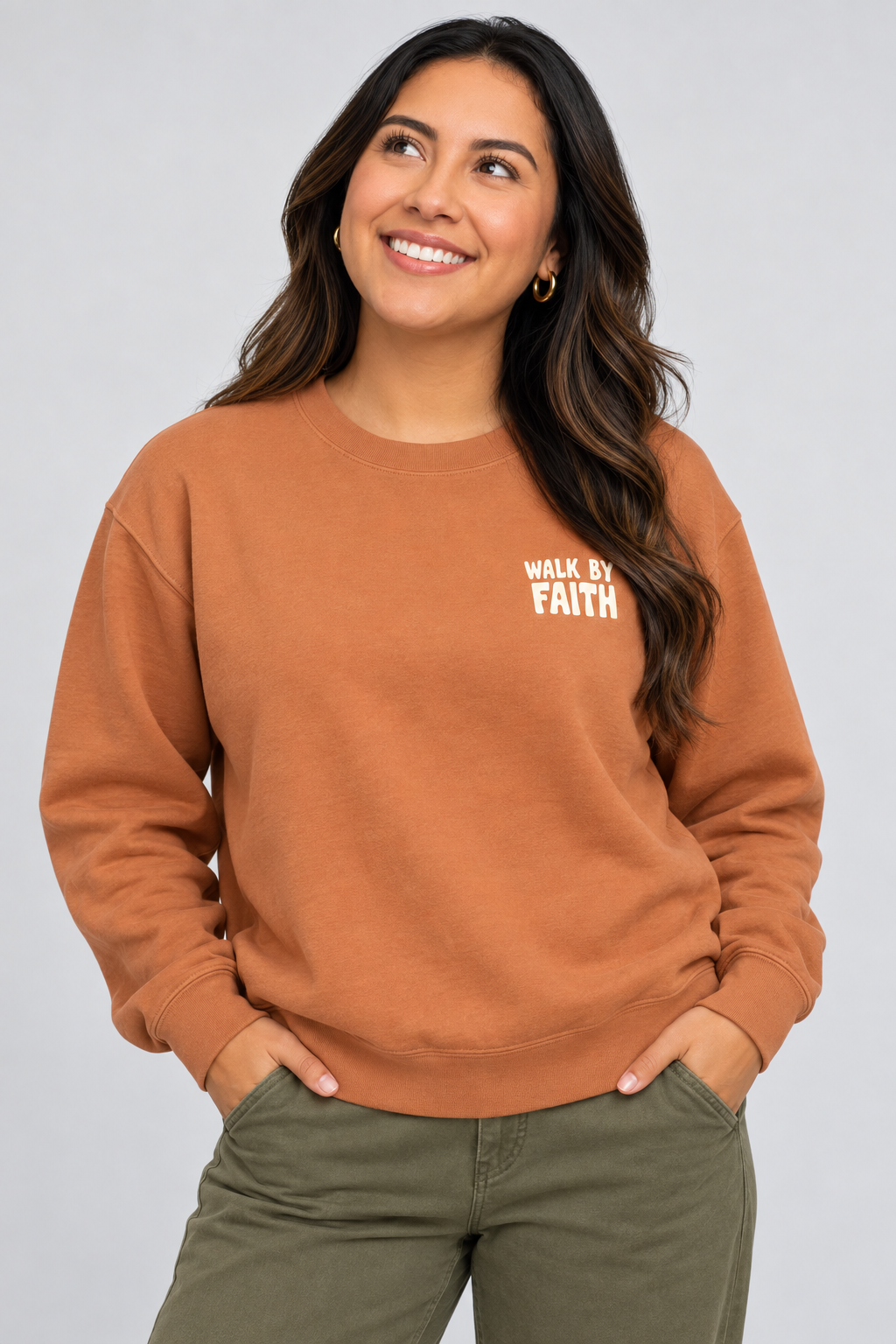Walk by Faith Sweatshirt in Yam — front portrait.