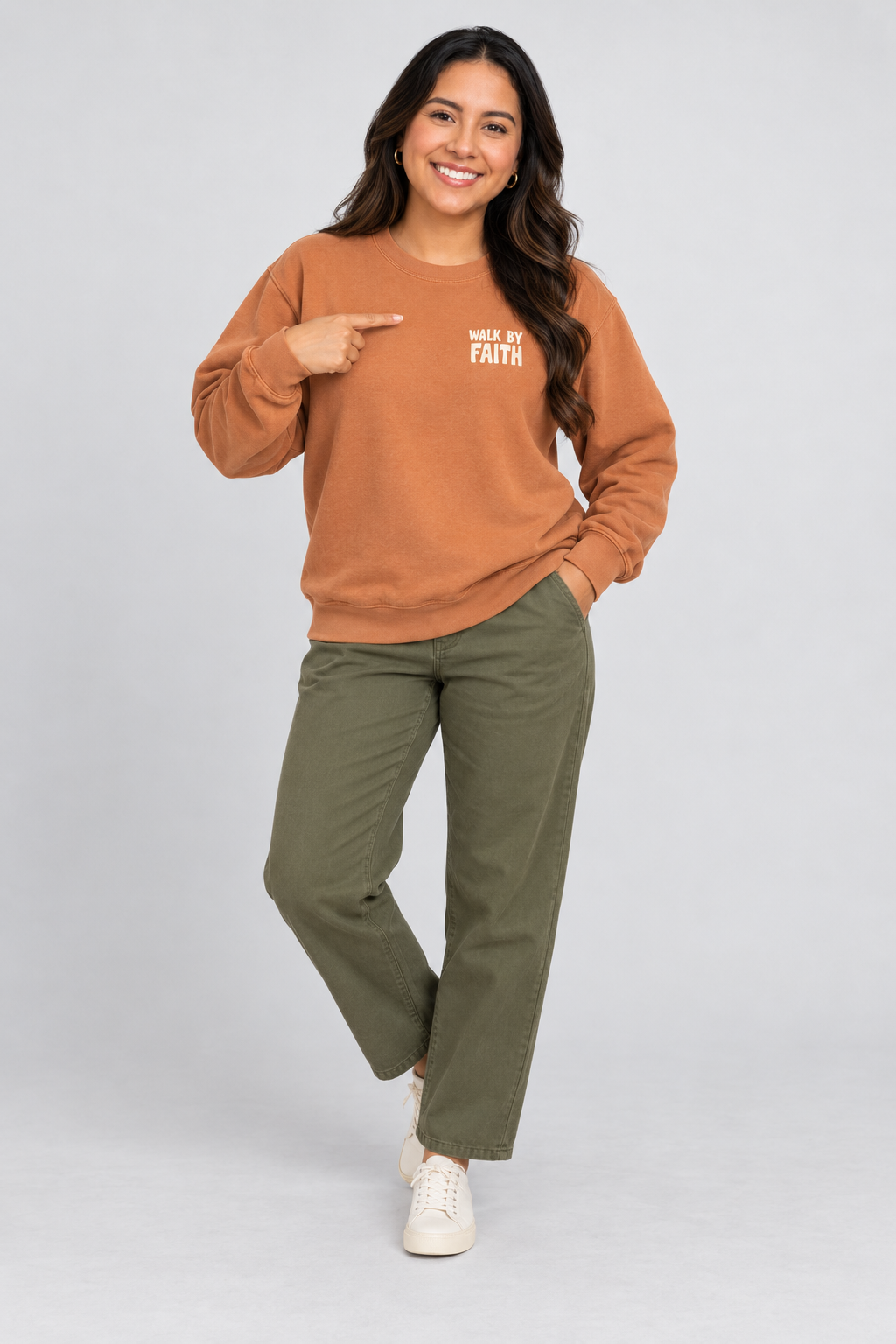 Walk by Faith Sweatshirt in Yam — standing front view.