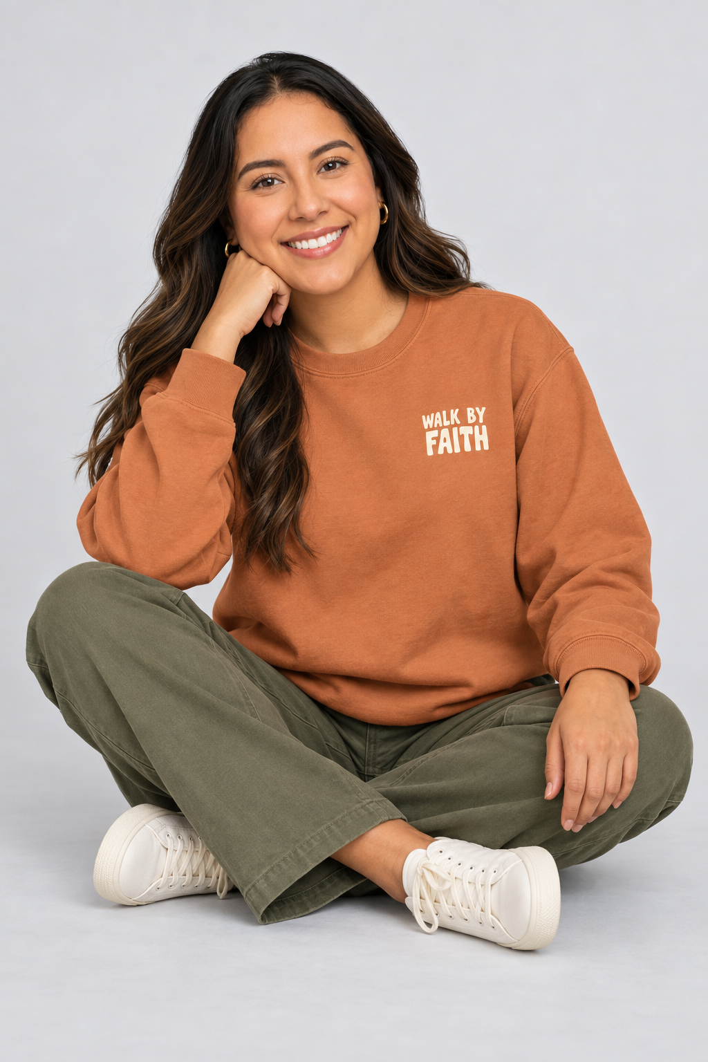 Walk by Faith Sweatshirt in Yam — relaxed lifestyle pose.