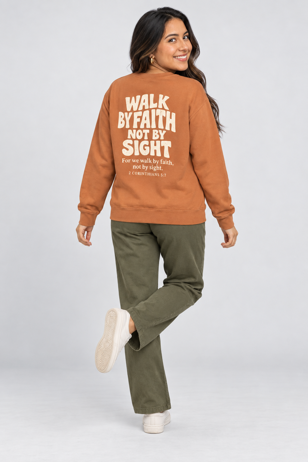 Walk by Faith Sweatshirt in Yam — full back view.