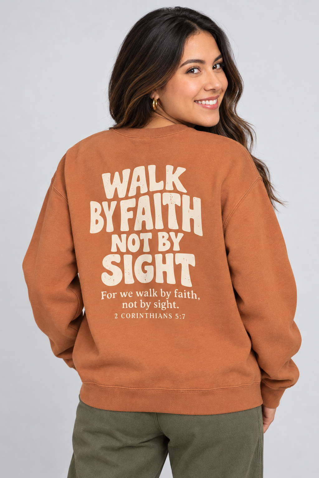 Walk by Faith Sweatshirt in Yam — back print detail.