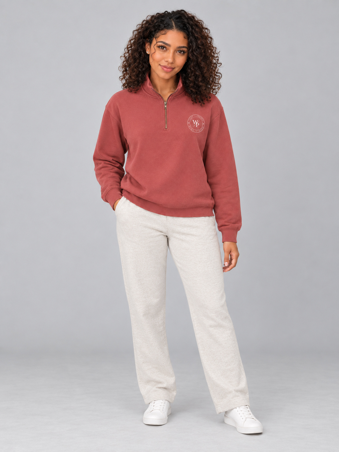 Worn with Purpose Heavyweight Quarter-Zip Sweatshirt in Crimson — woman standing