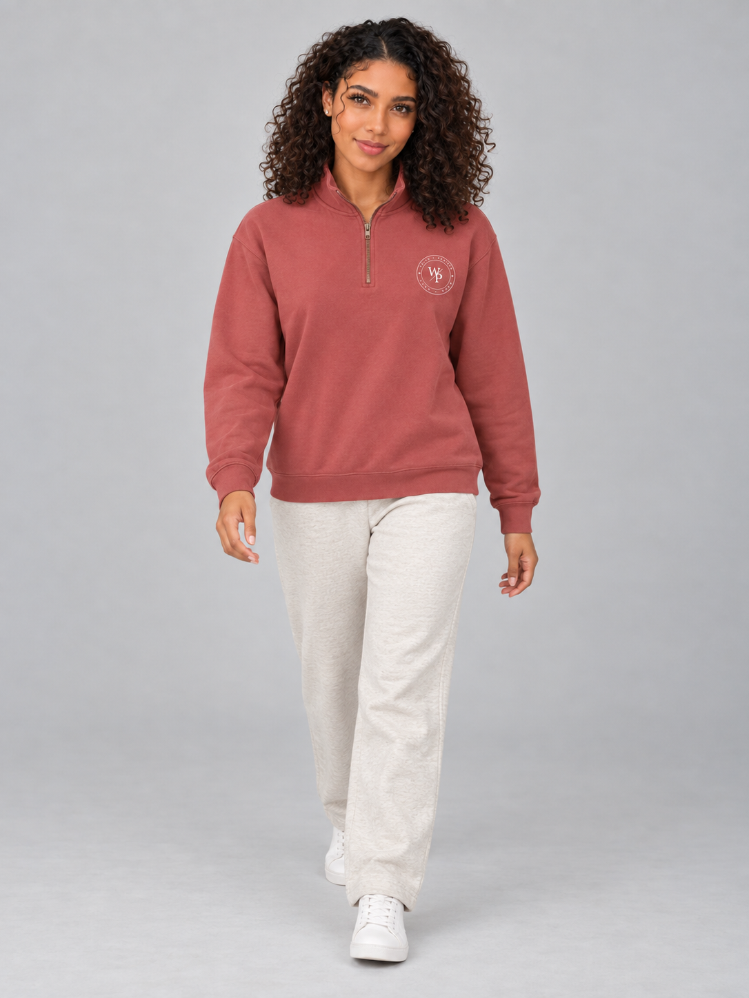 Worn with Purpose Heavyweight Quarter-Zip Sweatshirt in Crimson — woman walking