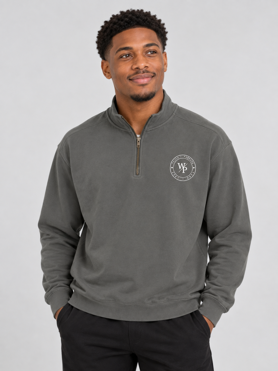 Worn with Purpose Heavyweight Quarter-Zip Sweatshirt in Pepper — man looking up