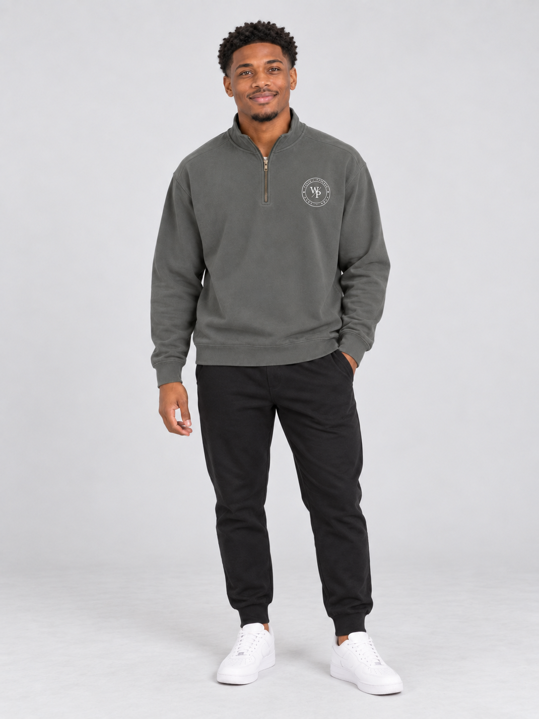 Worn with Purpose Heavyweight Quarter-Zip Sweatshirt in Pepper — man standing