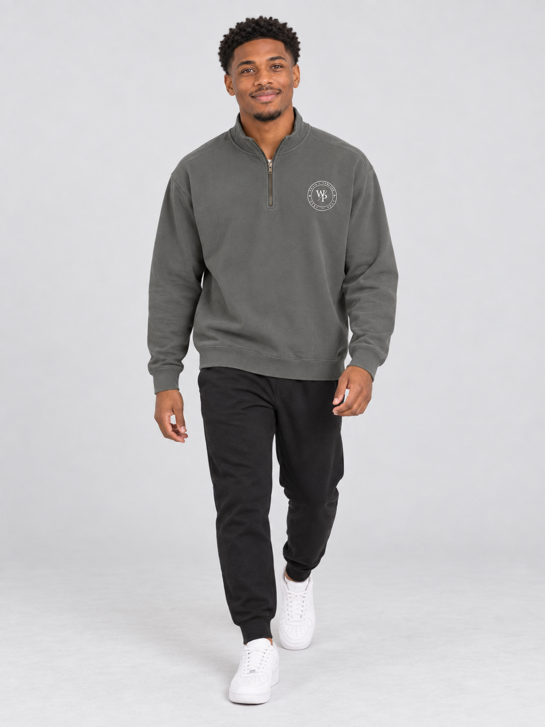 Worn with Purpose Heavyweight Quarter-Zip Sweatshirt in Pepper — man walking