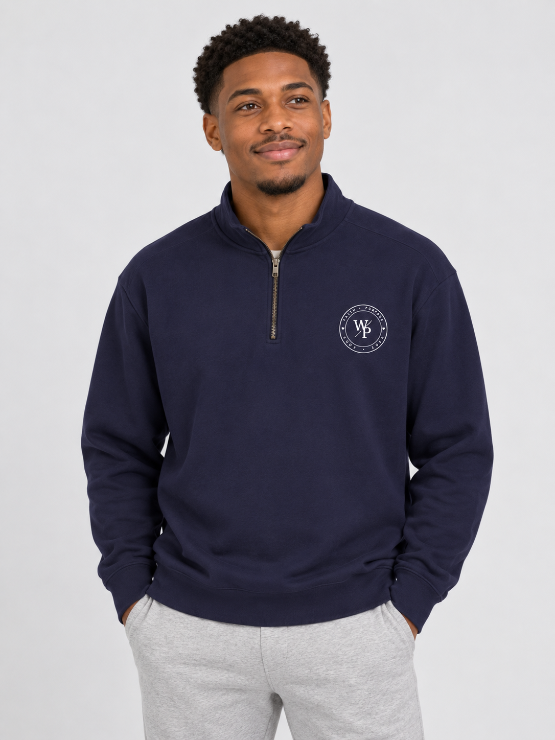 Worn with Purpose Heavyweight Quarter-Zip Sweatshirt in True Navy — man looking up