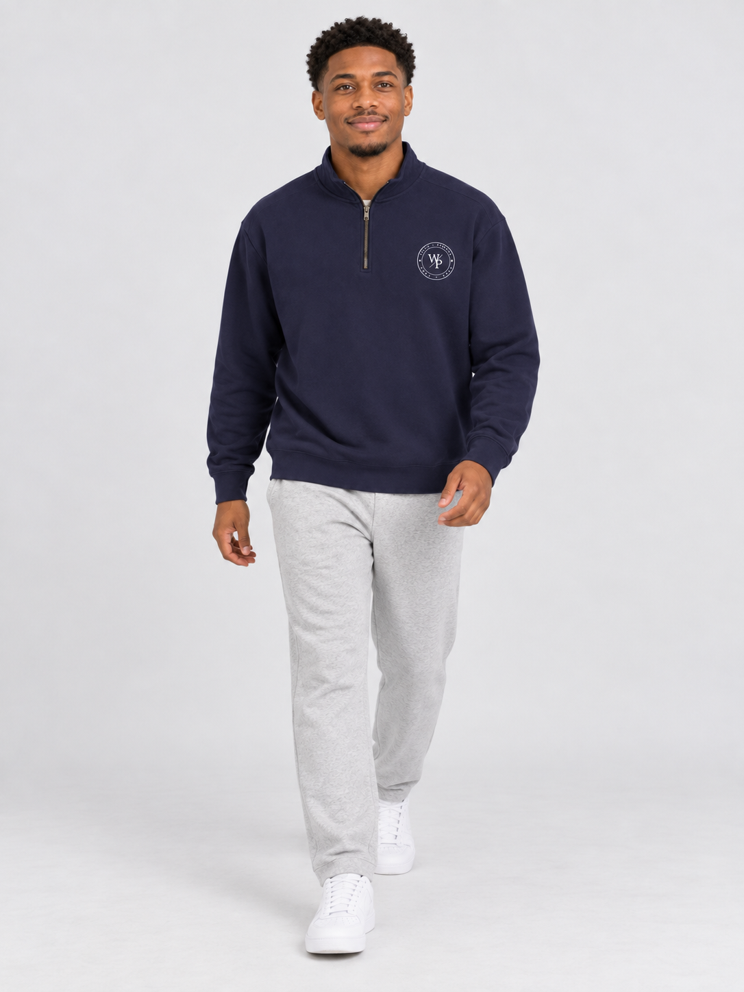 Worn with Purpose Heavyweight Quarter-Zip Sweatshirt in True Navy — man walking