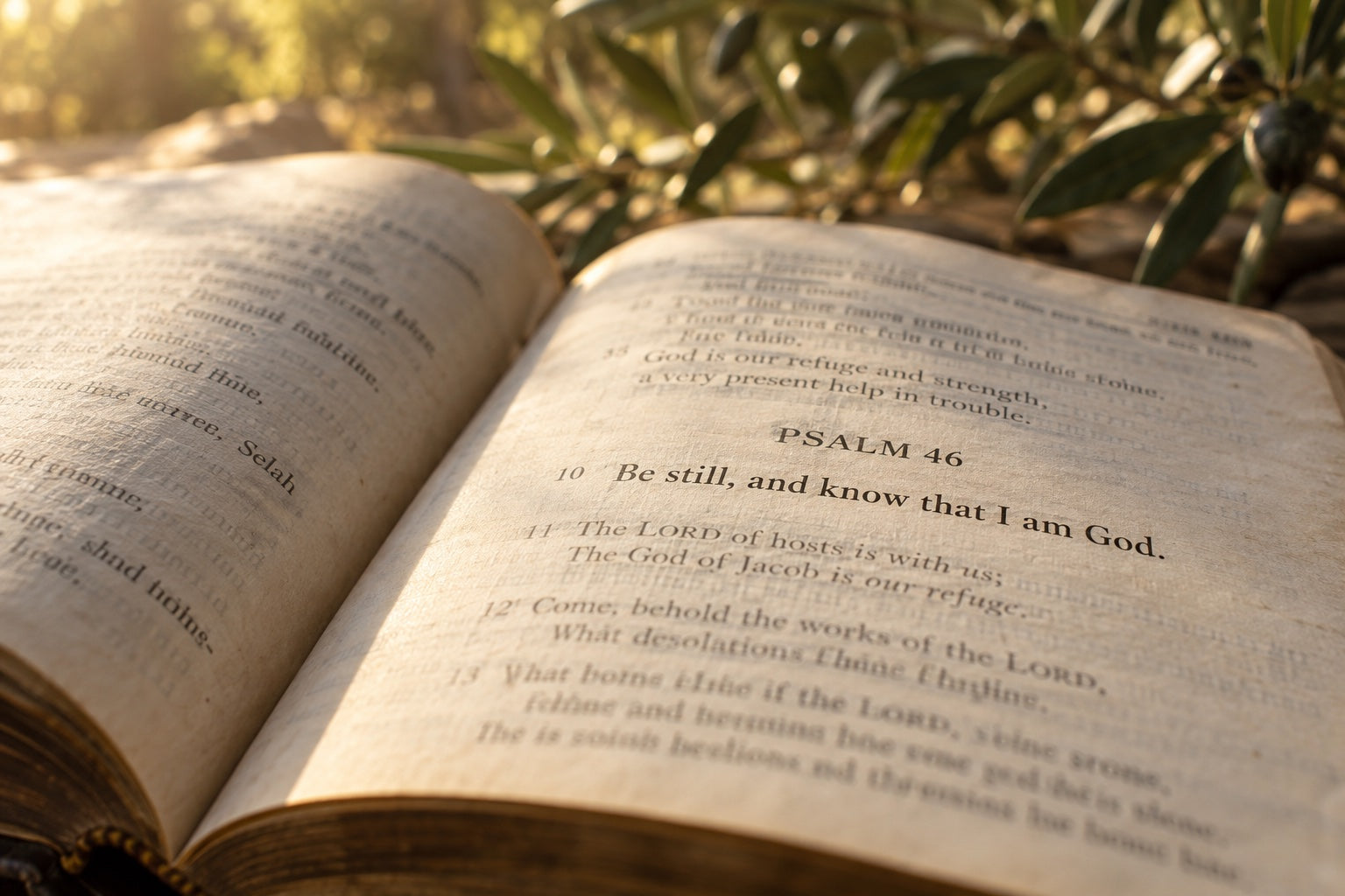 An open Bible with Psalm 46 in warm sunlight