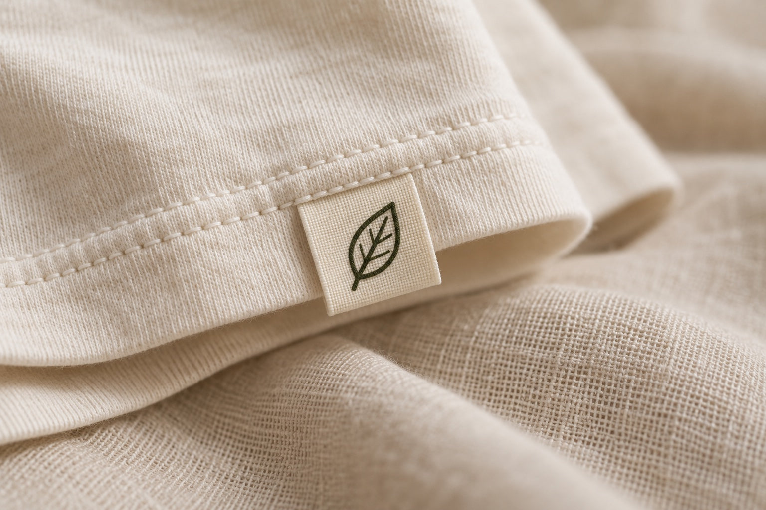 A woven leaf label on soft ivory fabric