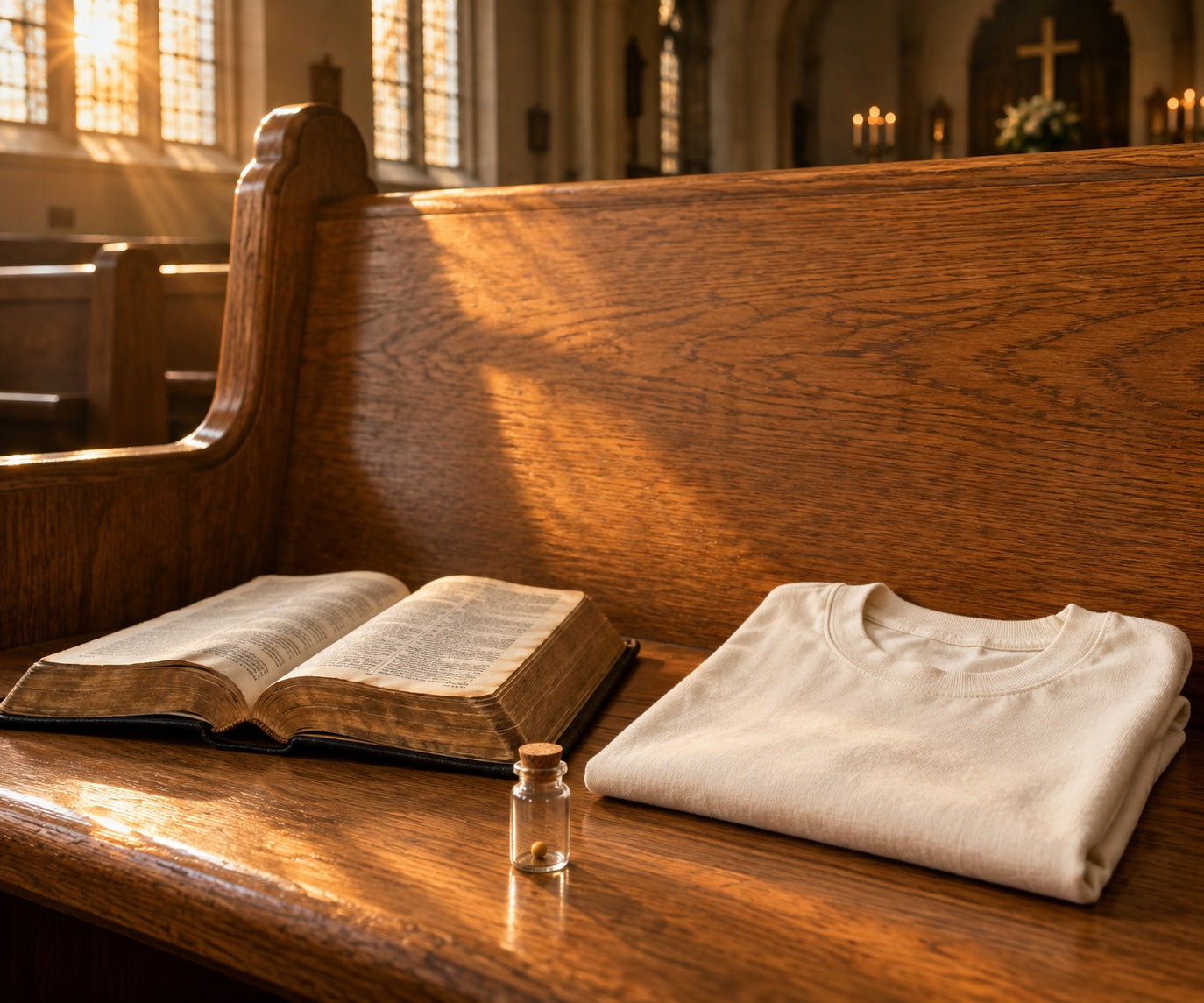 An open Bible, folded ivory shirt, and mustard seed vial on a sunlit church pew