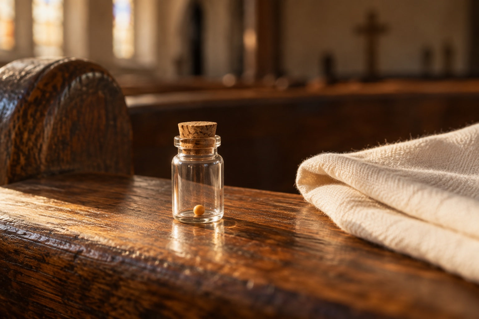 A single mustard seed in a small glass vial on a wooden pew