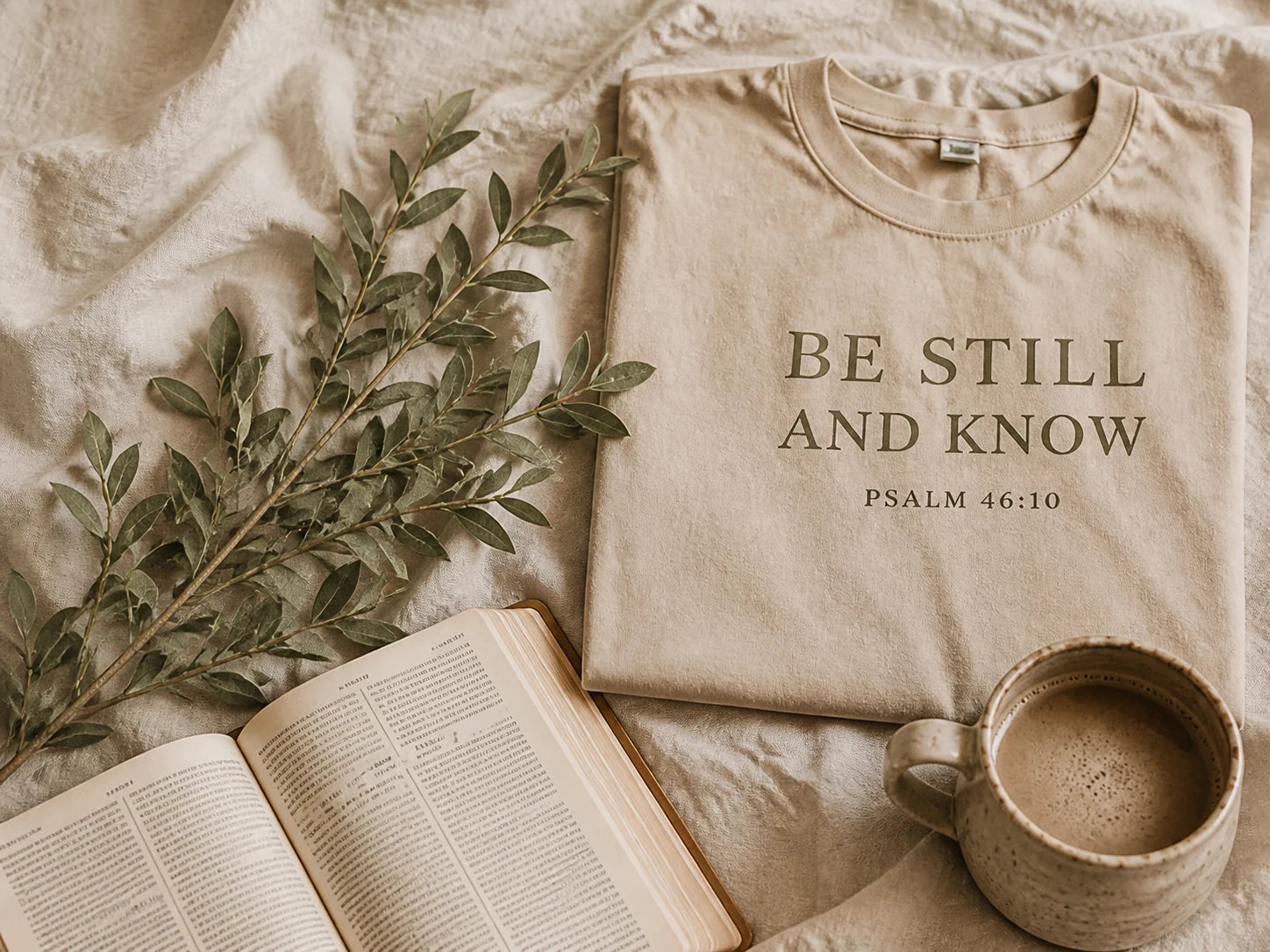 An ivory Be Still and Know shirt with Scripture-inspired lettering