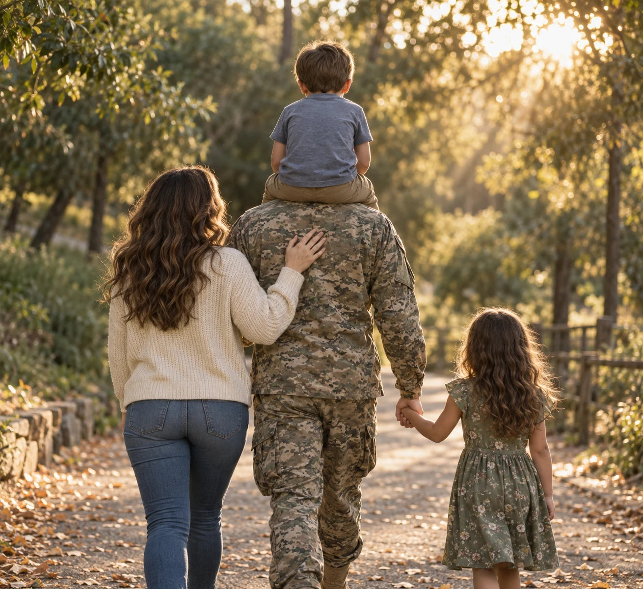 An illustrative scene of a military family walking together in a sunlit park