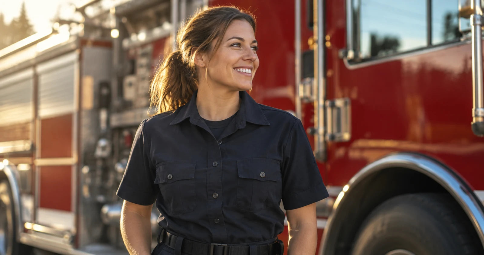 An illustrative portrait of a first responder beside a fire engine