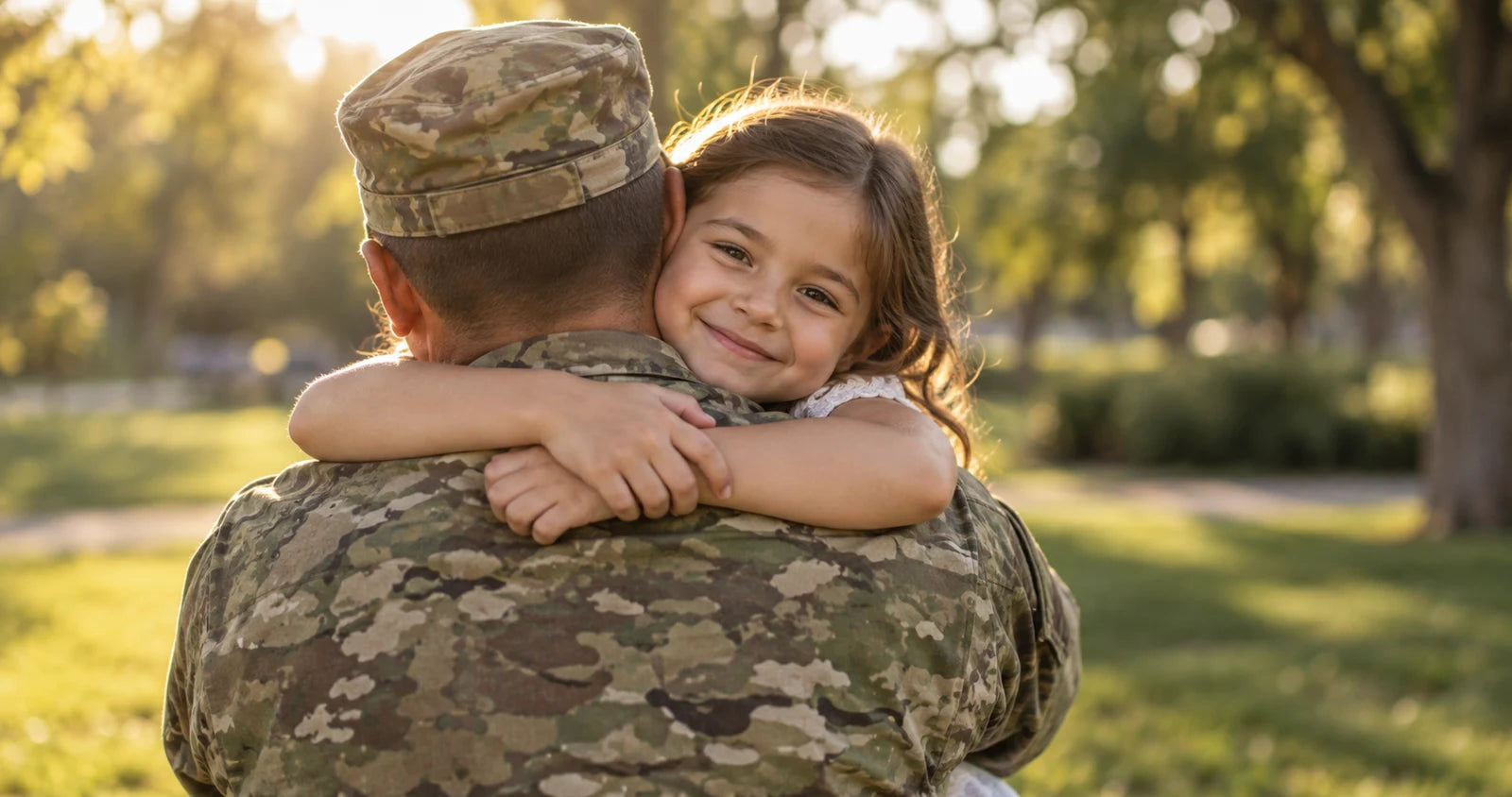 An illustrative scene of a service member embracing a child